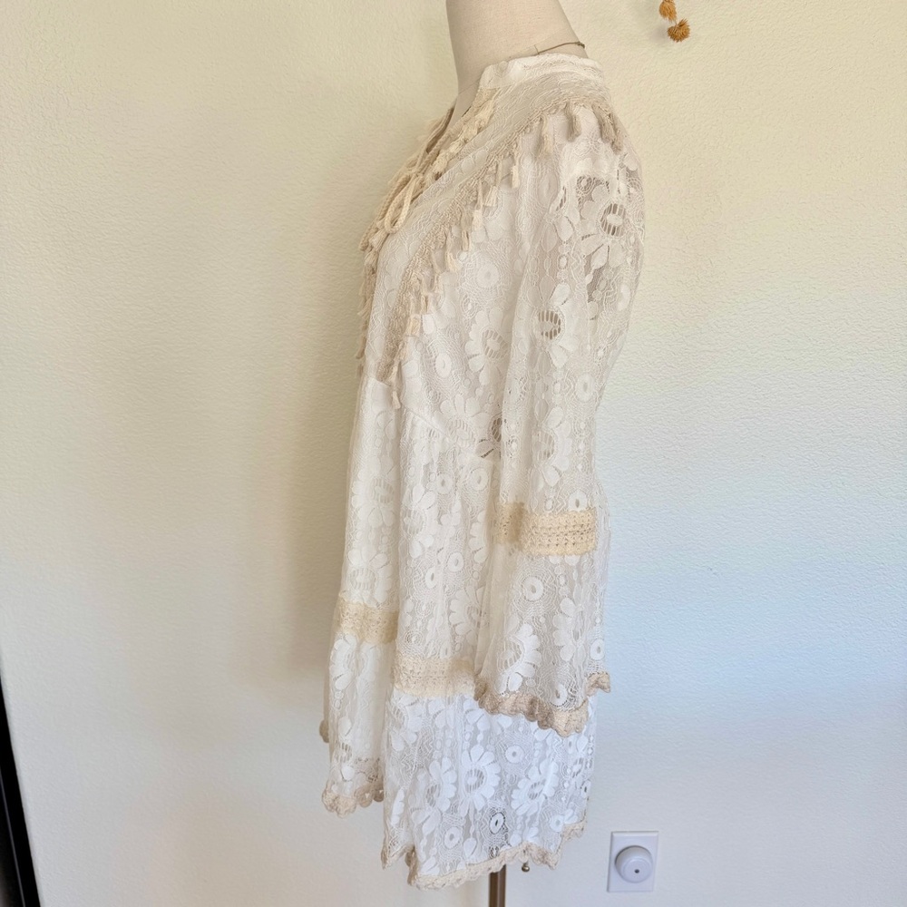 🇬🇷 Greek Santorini Lace Boho Dress with Tassels White Beige - Picture 4 of 13